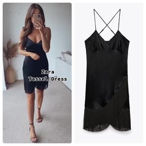 Zara Black Fringed Slip Mini Dress Size Small NWT New With Tags